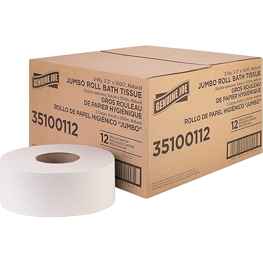 Genuine Joe Jumbo Roll Bath Tissue, 3.3" x 1000', 2-Ply, Natural, 12 Count