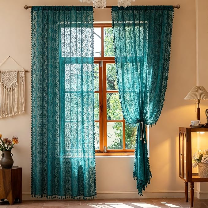 Sutuo Home Boho Lace Curtains 2 Panels 72 inch Lengh for Nursery Bedroom | Sheer Curtains Victorian Floral Drape Privacy Crochet Vintage Chic Tassels Bohemian Window Treatments Rod Pocket, 50" W Teal
