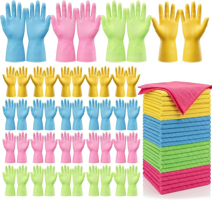 Fanfanwin 48 Pcs Colorful Household Cleaning Set Including 24 Pairs Rubber Cleaning Gloves and 24 Microfiber Cloth Non Slip Reusable Gloves for Household Kitchen Bathroom Supplies