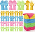 Fanfanwin 48 Pcs Colorful Household Cleaning Set Including 24 Pairs Rubber Cleaning Gloves and 24 Microfiber Cloth Non Slip Reusable Gloves for Household Kitchen Bathroom Supplies