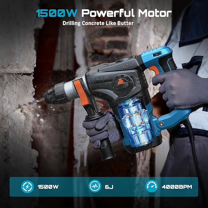 Seesii Heavy Duty Rotary Hammer: 13 Amp 1-1/4" SDS-Plus Demolition Hammer Drill for Concrete, Brick & Stone, 6J Power with 4 Functions, Safety Clutch & Reduced Vibration, with Drill Bits and Chisels