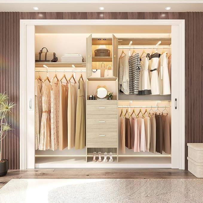 Armocity 96 Inches Closet System with Doors, 8FT Walk In Closet Organizer with 2 Shelving Towers, Heavy Duty Clothes Garment Rack with 3 Wood Drawers, 96"L x 16"W x 80"H, Max Load 1000 LBS, White Oak