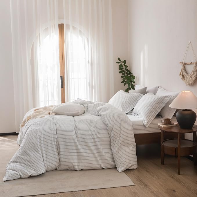 Stripe Linen Feel Duvet Cover King Size 104inch x 90inch,100% Washed Cotton Duvet Cover with Zipper Closure and 2 Pillowcases, Stripe of White-Cornflower Blue