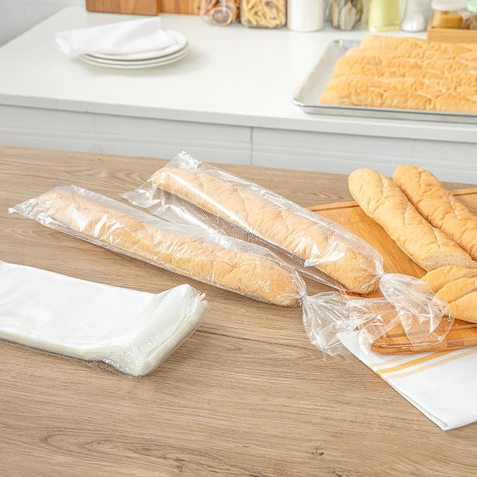 Restaurantware Bag Tek 28 Inch x 6 Inch Bread Bags 250 With Wicket Dispenser Bread Loaf Bags - Micro Perforated Freezer Safe Clear Plastic Baguette Bags Disposable