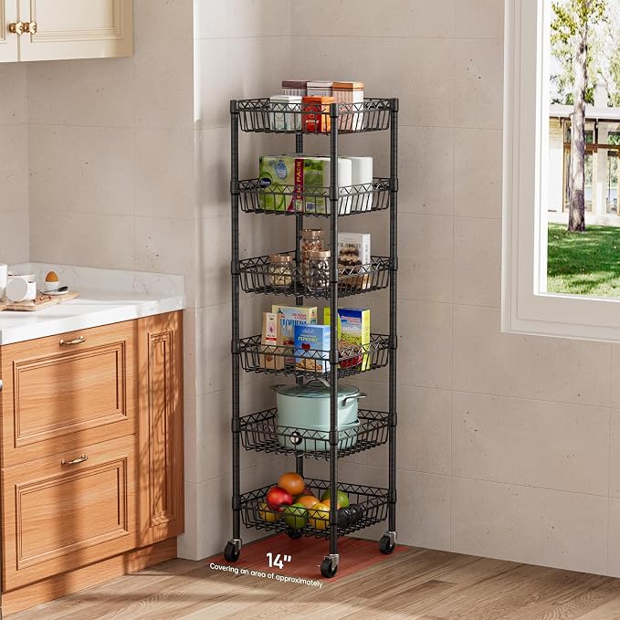 Golpart 6 Shelves Storage Shelf Wire Closet Bathroom Organizers Metal Pantry Kitchen Garage Shelving Unit Laundry Room Organization Home Rack Net Basket Black with Wheels 14" Dx14 Wx64.8 H