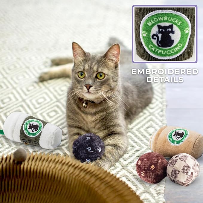 Haute Diggity Kitty Meowbucks Catpuccino Set, Plush Cat Toys Catnip Filled with Interactive Crackle Sound, Safe & Durable Toys for Cat & Kitten, 2 Pcs