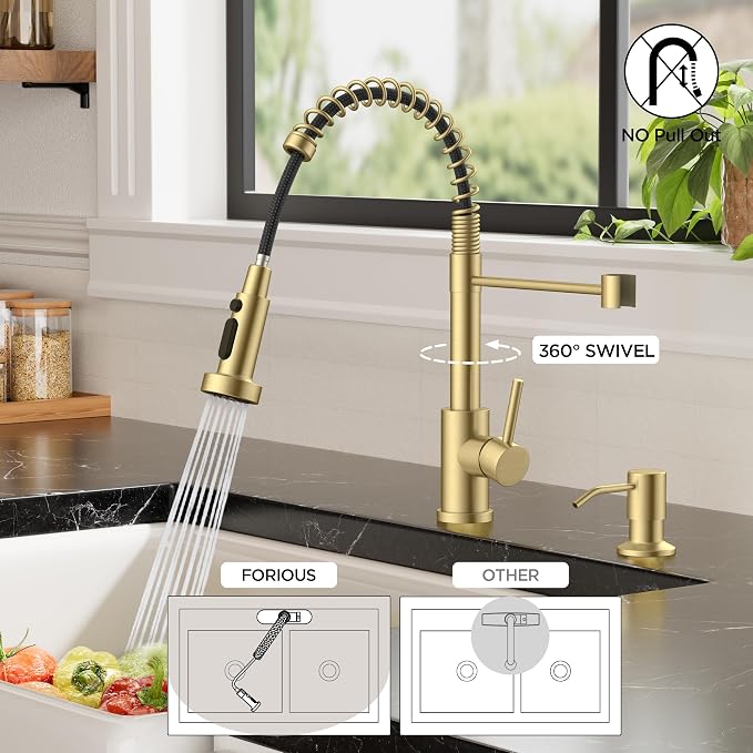 FORIOUS Gold Kitchen Sink Faucet, Stainless Steel Single Handle | Classic Commercial Kitchen Faucet with 3 Modes Sprayer, Suitable for Outdoor Laundry Rv Bar, with Deck Plate for 1 or 3 holes