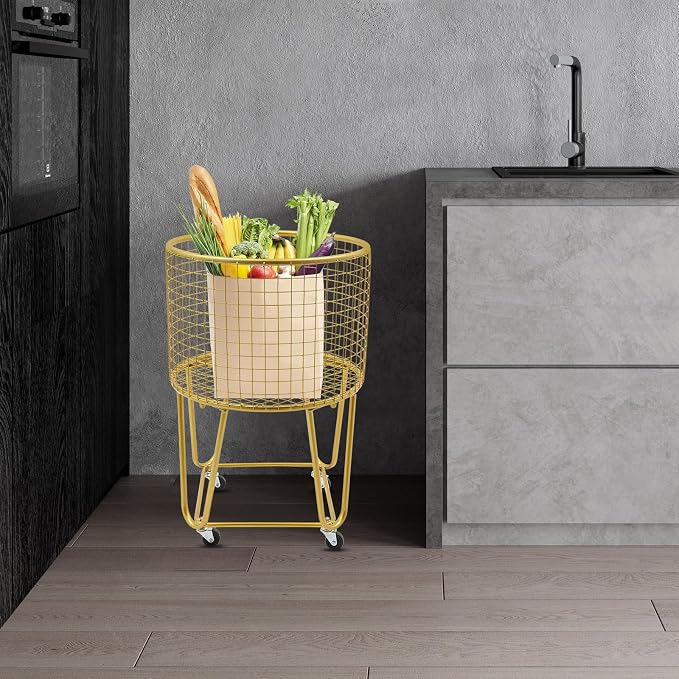 Rolling Laundry Basket with Wheels, Round Metal Mesh Wire Laundry Hamper, Large Capacity Dirty Clothes Basket, Versatile Portable Storage Basket for Home, 17"×11.8"×25.6" (Gold-Round)