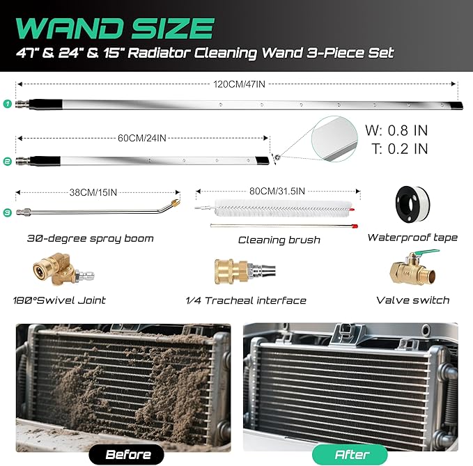 47" & 24" & 15" Radiator Cleaning Wand 3-Piece Set, 4500 PSI Stainless Steel Dual Water/Air Radiator Cleaner with Pressure Washer Gun Adapter & Tips for Cars, Trucks, Heavy Equipment,Silver& Black