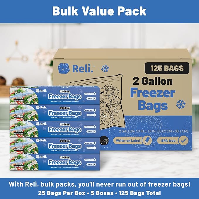 Reli. 2 Gallon Bags (125 Count) 13x15 inch Freezer | Bulk 2 Gallon with Double Zipper & Write-On Label | Heavy-Duty Clear
