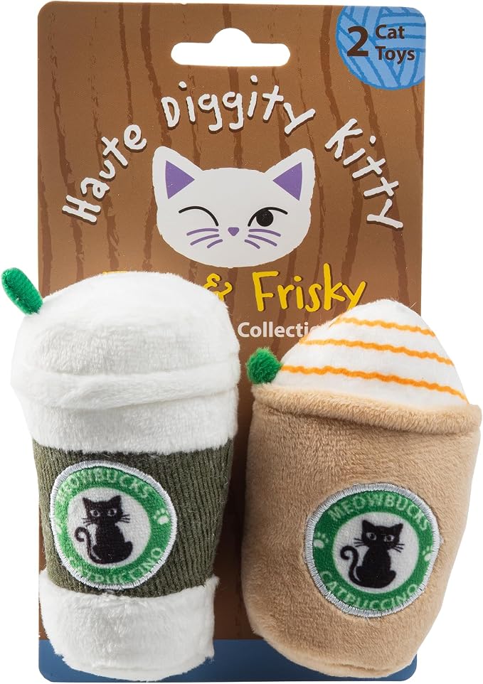 Haute Diggity Kitty Meowbucks Catpuccino Set, Plush Cat Toys Catnip Filled with Interactive Crackle Sound, Safe & Durable Toys for Cat & Kitten, 2 Pcs