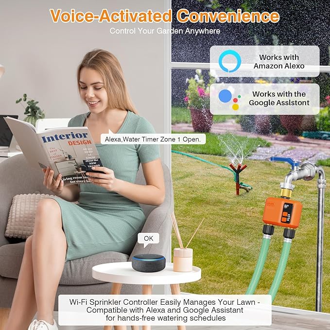 WiFi Water Timer for Garden Hose 2‑Zone, Smart Hose Timer with 984ft Long‑Range & Strong Wall‑Penetration, APP & Control,Voice Control, Rain Delay & Manual Mode, Brass Inlet & Outlet