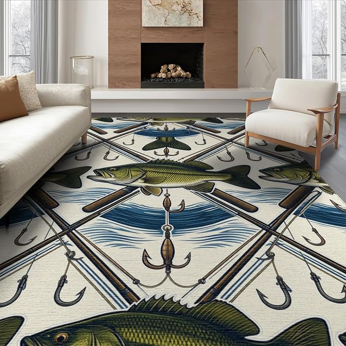 8'x10' Washable Area Rug Bass Angler Hook Lure Frame Tackle Motif Border Fish Fishing Refined Structured for King Size Bedroom, Master Suite, Under Bed, Foldable Easy Care