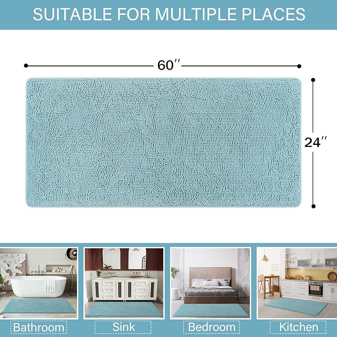 LOCHAS Luxury Bathroom Rug Shaggy Bath Mat 24 x 60 Inch, Spa Blue | Washable Non Slip Bath Rugs for Bathroom Shower, Soft Plush Chenille Absorbent Carpets
