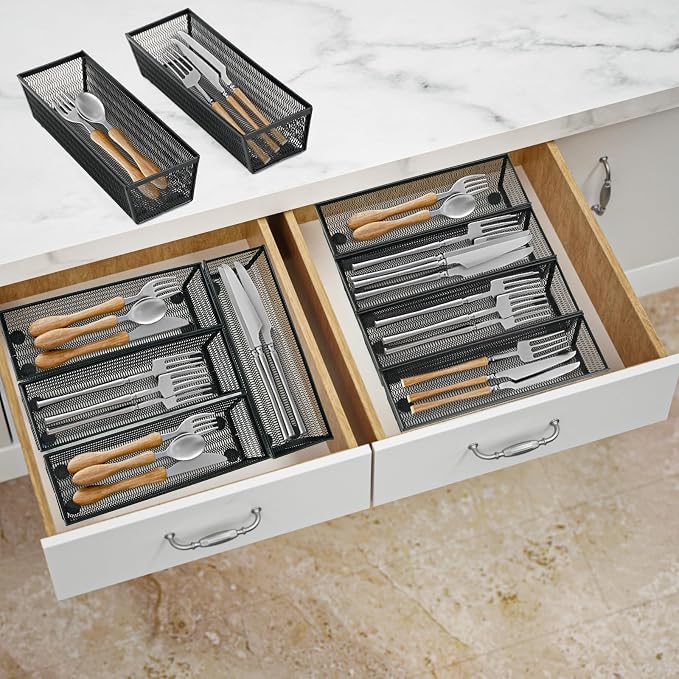 Neudeco Silverware Organizer, Black, 9 x 3 x 2 inch, Pack of 12 | Mesh Drawer Organizer, Metal Construction, For Kitchen Utensils & Flatware, Multi-Purpose Use