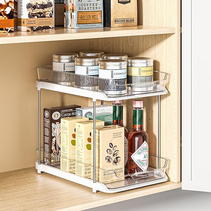 Delamu 2-Tier Multi-Purpose Bathroom Under Sink Organizers and Storage, Stackable Kitchen Pantry Organization, Pull Out Medicine Cabinet Organizer with Movable Dividers, White, 1 Pack