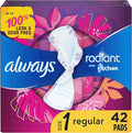 Always Radiant FlexFoam Pads for Women, Size 1, Regular Absorbency, up to 100% Leak & Odor Free Protection, with Wings, Scented, 42 Count