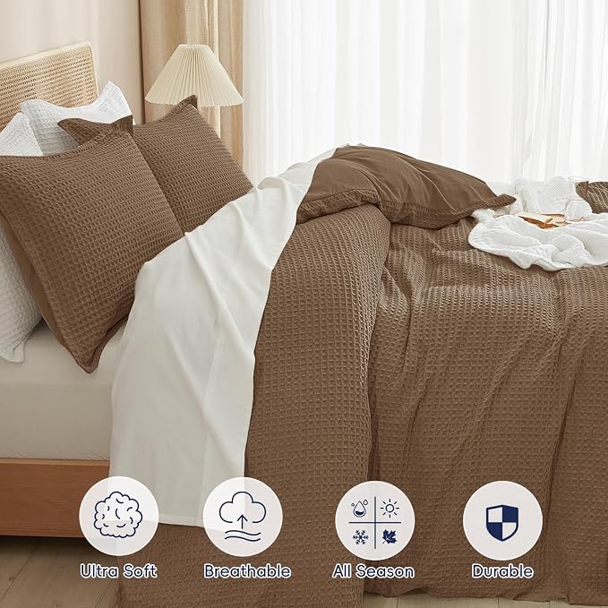 PHF Waffle Duvet Cover Set King Size, No Snagging Ultra Soft Luxury Textured Breathable Comforter Cover for All Season 3pcs, Durable Bedding Duvet Set with 2 Pillow Shams, 104"x90", Mocha