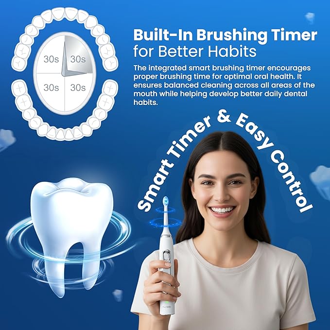 Puur Smile Soft Bristle Electric Toothbrush - 2 (Blue led) Brush Heads for Adults | 4 Cleaning Modes with Smart Timer, IPX7 Waterproof, Long-Lasting Battery & Wireless Charging Base (White)