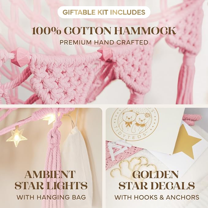 TIDYTEDS Stuffed Animal Hammock Corner | Sturdy Handcrafted Stuffed Animal Net | 4mm Double Macrame Cord Stuffed Animal Holder | Natural 100% Cotton Plushie Net | Toy Hammock w/LED Light (Pink)