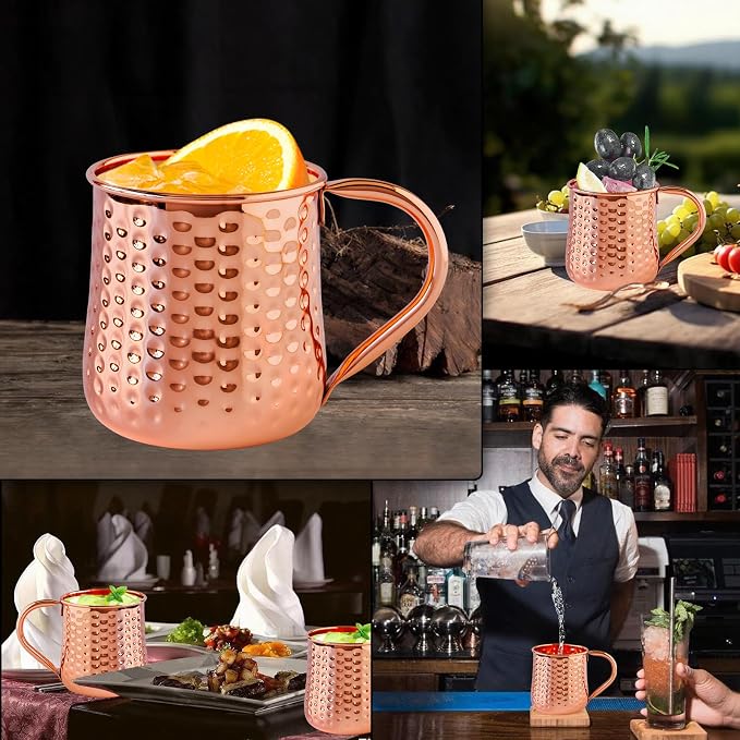UNISWEET Moscow Mule Pure Copper Mugs - Set of 4-100% Pure Copper Hammered coffee cup, Perfect For Wine, Beer, Cold Drink, Bar, Party, Gifts (Big Belly Copper Mugs)
