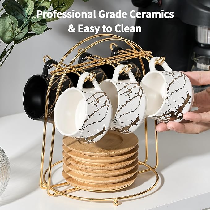 LUKA Ceramic Espresso Cups with Saucers and Metal Stand, Small 4 oz Porcelain Demitasse Cups Set of 6, Cute Cappuccino Coffee Cups for Double Espresso, Tea, Marbling White & Black
