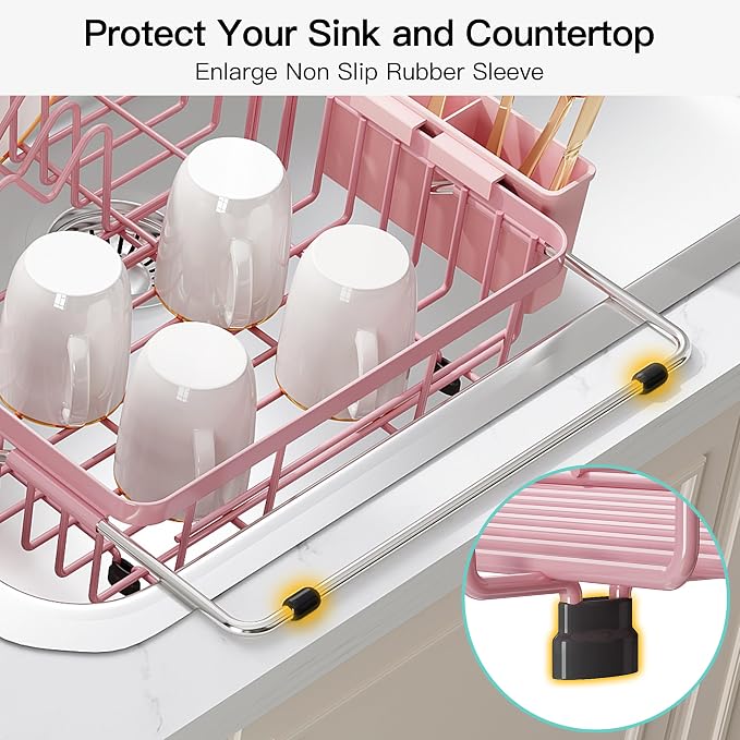 JASIWAY Pink Dish Drying Rack Over the Sink with Utensil Holder | Expandable Stainless Steel Dish Driainers for Small Kitchen, Counter Space Saving, Fast Drain, Rust Resistant, For Apartment