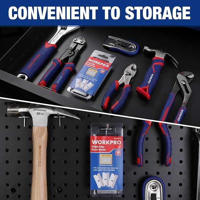 WORKPRO 50-Pack Single Edge Razor Blades, Carbon Steel Scraper Blades | Industrial Scraper Razor Blades, High Carbon Steel One Edge Razor Blades for Paint, Sticker & Label Removal