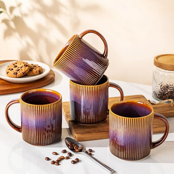 theterra Ceramic Coffee Mugs Set of 6, 14.2oz Handmade Coffee Cups with Handle for Latte, Tea, Milk, Beer, Hot Cocoa, Amber Amethyst
