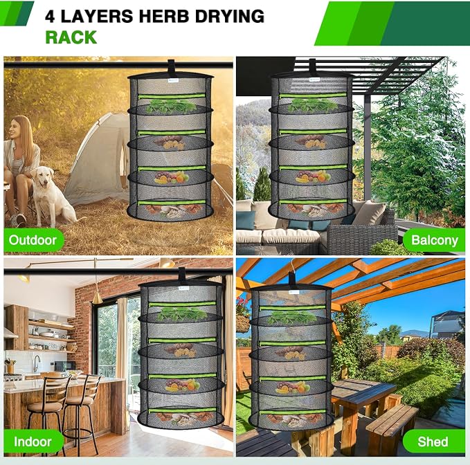 Yesker 4 Layer Herb Drying Rack Hanging Mesh Net Foldable Plant Drying Racks 24" Diameter with Green Zipper & Hook Dryer Hanging Rack for Herbs Seed Bud Fruit Clothes Grow Tent Closets Garden Outdoor | Diameter with Green Zipper & Hook Dryer Hanging Ra...