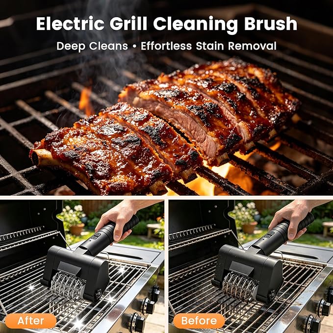 Electric Grill Brush BBQ Grill Cleaning Brush 450 RPM Stainless Steel Removable Head Type-C Rechargeable with LED Light Grill Cleaner Brush