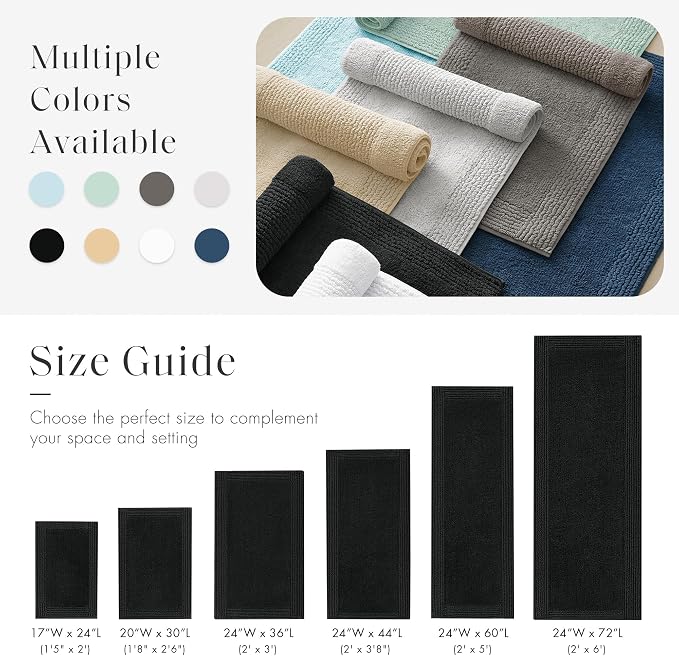 Madison Park Splendor Reversible 100% Cotton Bath Runner, 24 x 60, Black | Tufted Bathroom Rug, 3000 GSM, Hotel Quality, Luxurious Plush, Medium Pile, Absorbent, Quick Dry, OEKO-TEX, Shower Room Décor