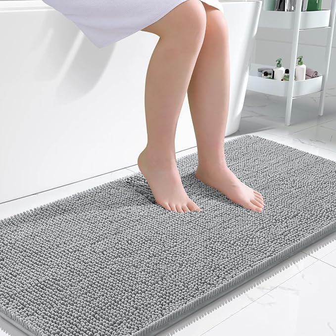 OLANLY Bathroom Runner Rugs 47x24, Soft Absorbent Chenille Bath Rugs, Rubber Backing Quick Dry, Machine Washable Long Bath Mats for Bathroom Floor, Tub and Shower, Home Decor Accessories, Light Grey