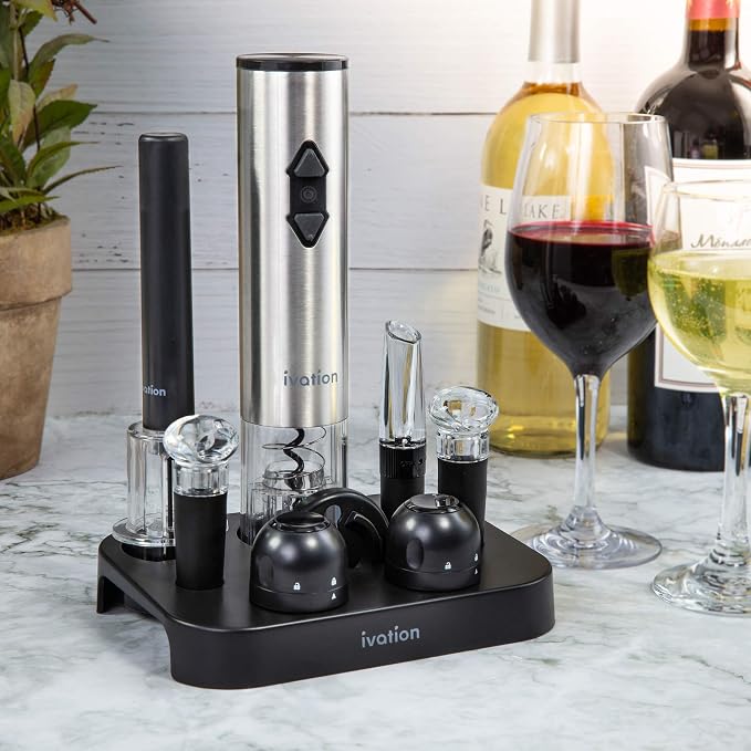 Ivation 9-Piece Wine Set | Electric Opener, Air Pump, Pourer with Aerator, Wine and Champagne Stoppers, Foil Cutter, and Stand.