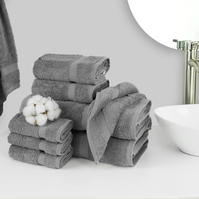 Chakir Turkish Linens Set of 8 Towel Set, 100% Cotton Luxury Turkish Towels for Bathroom, Soft Absorbent Bath Towel Set with 2 Bath Towels 2 Hand Towels 4 Washcloths, Gray