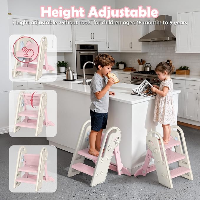 Onasti Foldable Step Stool for Kids & Toddlers, 3 Step Convertible to 2 Step with Handles, Training Stool for Bathroom Sink & Kitchen Counter, Non-Slip Stable Step Stool for Growing Children- Pink