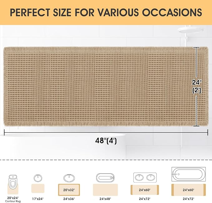 IM HOME Waffle Bath Mat Beige 4'x2', Boho Woven Modern Bath Mat Rugs, Absorbent Non Slip Bathroom Rugs, Soft Washable Bath Rugs with Tassels for Bathroom, Bedroom, Kitchen, Shower, Tub
