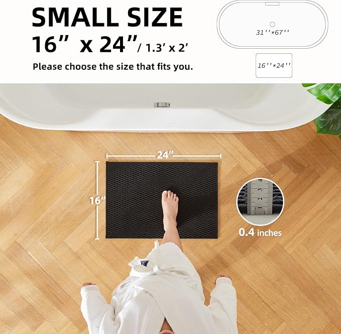 TYUU Black Bathroom Rugs Non Slip Washable, Super Absorbent Thin Bath Mat Small Quick Dry Low Pile Bathroom Rug, Black 16''x24''
