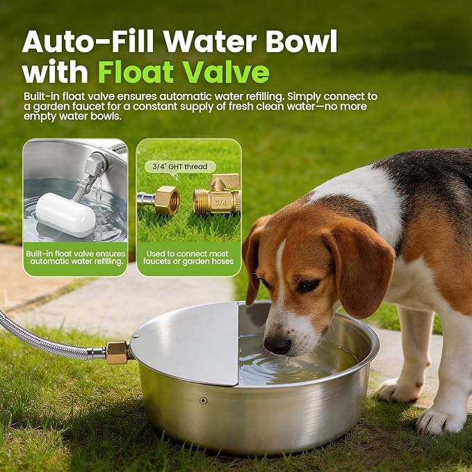 Automatic Dog Water Bowl Dispenser Large Breed Outdoor Pet Water Fountain with Float Valve 6.5L Heavy-Duty Stainless Steel Auto Waterer for Large Dogs Cats Puppy Chicken (1 Drinking Port)