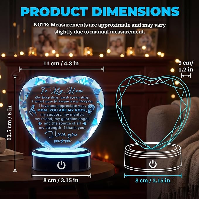 Gifts for Mom,Heart Crystal Keepsake Plaque with LED Base, Mother's Day, Birthday, Christmas, Thanksgiving, Engraved Mother Quote