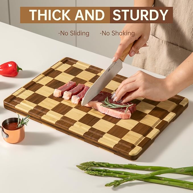 Checkered Bamboo Cutting Boards for Kitchen, Thick End Grain | Wood Chopping Board with Juice Groove, Butcher Block for Meat, Bread & Fruit, Medium, 14"L x 10"W x 0.8"Th