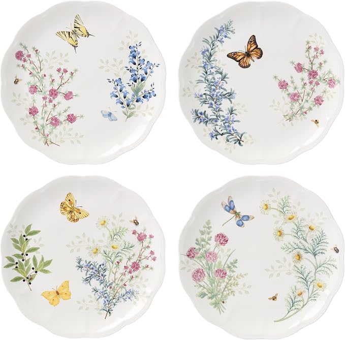 Lenox Butterfly Meadow Herbs Porcelain Dinner Plate Set for 4 | Dishwasher safe | 10.75 inch diameter | floral, everyday dining, gift for women, kitchen essentials, dinnerware