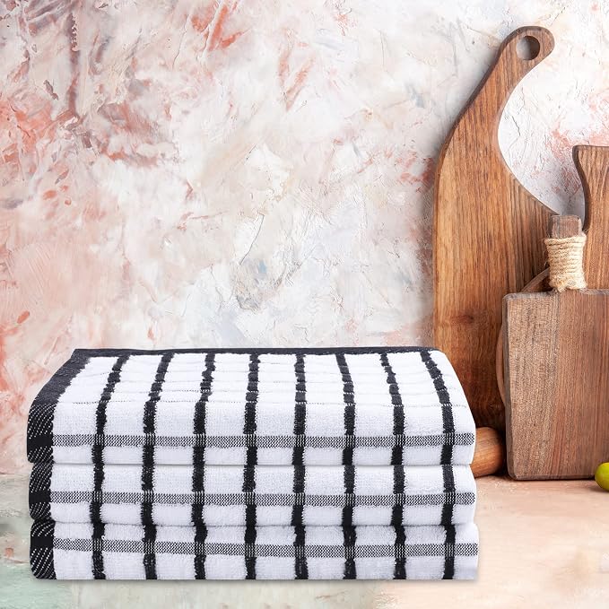 Urban Villa Kitchen Towels Black/White Set of 3 Terry Kitchen Towels 100% Cotton Ultra Soft Size 20X30 Inches Highly Absorbent Over Sized KitchenTowels with Hanging Loop KitchenTowels