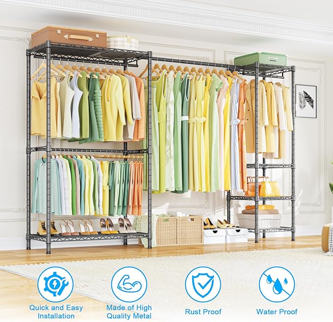 Ulif E10 Clothes Rack（With Stretchable Hanger Rod）Freestanding Clothing Racks for Hanging Clothes，Adjustable Closet Organizer System，Portable Garment Rack 73-97" W x 15" D x 72" H，Max Load 800LBS，Grey