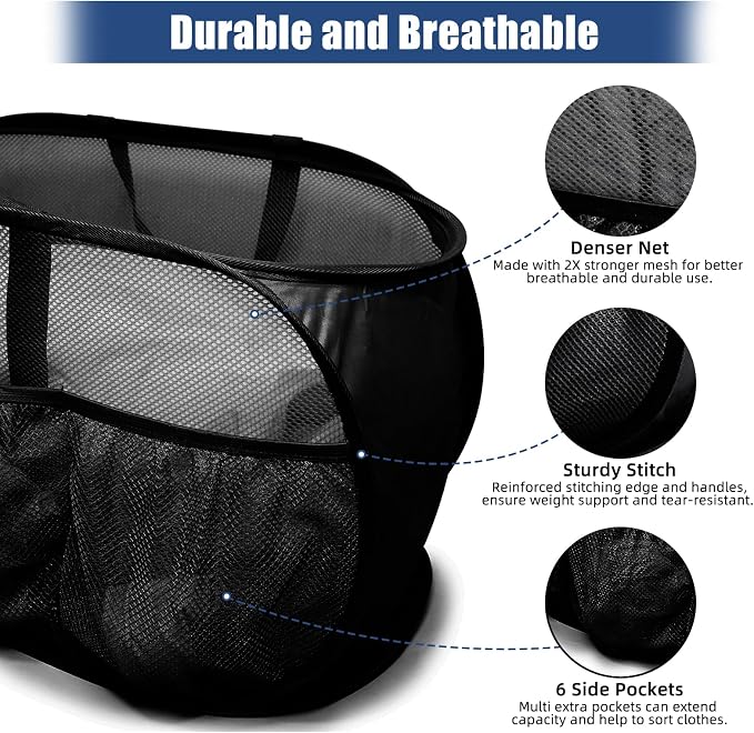 2 Pack Collapsible Laundry Baskets, Upgrade Pop Up Laundry Hamper with Convenient Bags, Foldable Laundry Basket Mesh Light Weight, Easy to Carry Clothes Hampers for Laundry, Dorm, Toys, Travel Black