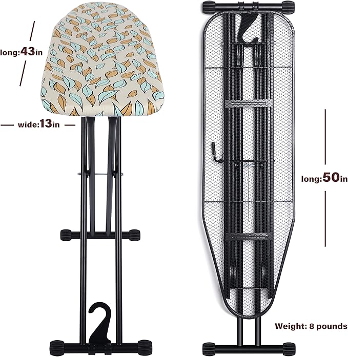 veiox Ironing Board 43x13, Heat Resistant Cover, Heavy Sturdy Legs | 7 heights 28-35"·Rock-solid metal frame·Stain-resistant padded cover·Wall hook for easy storage · Handles all garment sizes