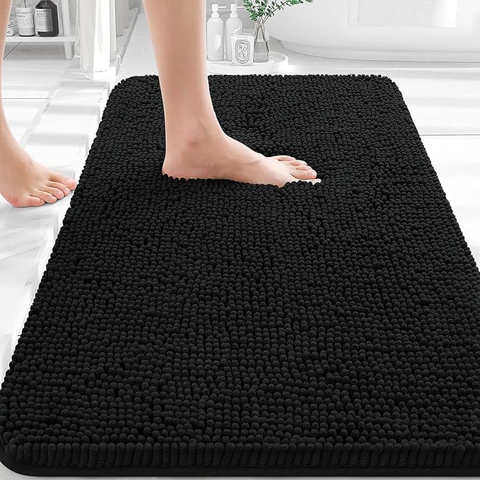 OLANLY Bathroom Rugs 32x20, Extra Soft Absorbent Chenille Bath Rugs, Rubber Backing Quick Dry, Machine Washable Bath Mats for Bathroom Floor, Tub and Shower, Home Decor Accessories, Black