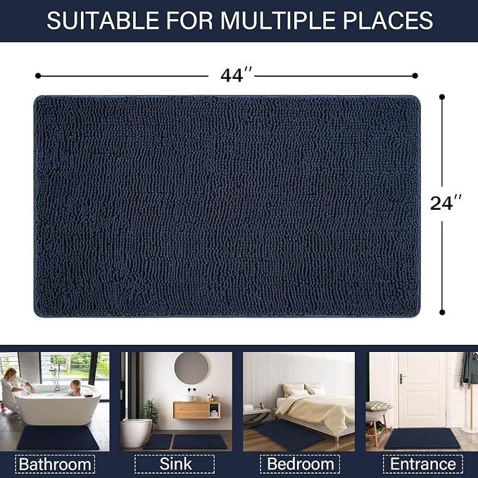 LOCHAS Luxury Bathroom Rug Shaggy Bath Mat 24 x 44 Inch, Navy | Washable Non Slip Bath Rugs for Bathroom Shower, Soft Plush Chenille Absorbent Carpets