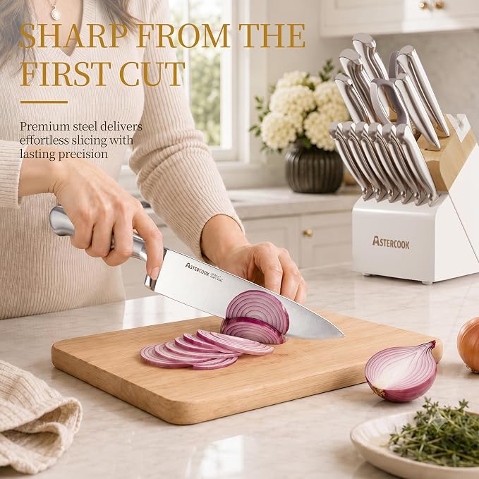 Astercook Knife Set for Kitchen with Block Sharpener 14Pcs Dishwasher Safe | Full Tang Stainless Steel Knives and Anti-Slip Ergonomic Handle Utensils Set