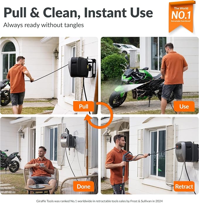 Giraffe Tools 65 FT Retractable Wall Mount Pressure Washer G20B, 2500 PSI | 2.2 GPM, Automatic Rewind with 180° Swivel Bracket, 5 Nozzles, Foam Cannon for Car, Fences and Patio Cleaning, Dark Silver